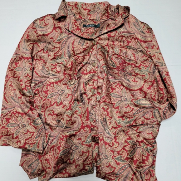 Ralph Lauren Satin Pajama Set Womens XL Paisley Embroidered Pocket + Pants - Picture 4 of 6